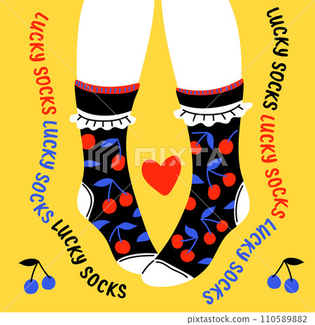 Legs in funny socks with cherries on yellow background, vector illustration. 110589882