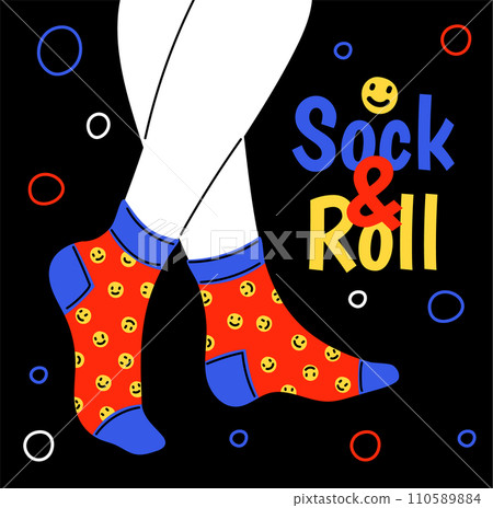Legs in funny red socks on black background, vector illustration. Legs in funny red socks on black background, vector illustration. 110589884