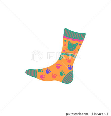 Sock decorated with colorful cat footprints and kitten prints, vector stylish funny underwear, children's one footwear 110589921