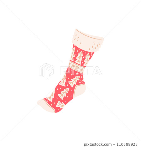 Sock decorated cute Christmas patterns, red knee sock with white Christmas trees and snowflakes, footwear fashion vector Sock decorated cute Christmas patterns, red knee sock with white Christmas trees and snowflakes, footwear fashion vector 110589925