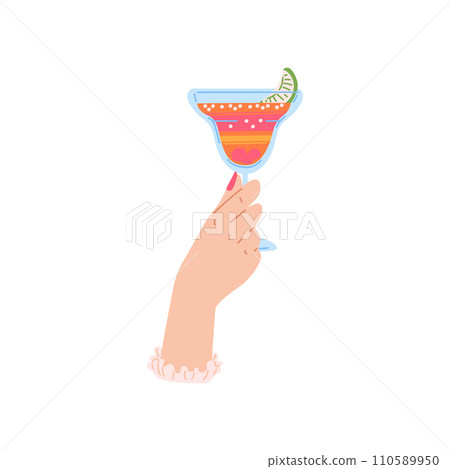 Female hand holds a glass with a cocktail, vector illustration on white 110589950
