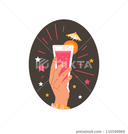 Person hand holding tropical fruit cocktail glass with umbrella and citrus slice, vector alcohol drink beverage firework 110589968