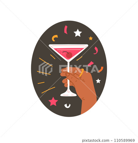 Hand holding cocktail glass, alcohol pink beverage with cherry, margarita or martini drink vector party bar cocktail Hand holding cocktail glass, alcohol pink beverage with cherry, margarita or martini drink vector party bar cocktail 110589969