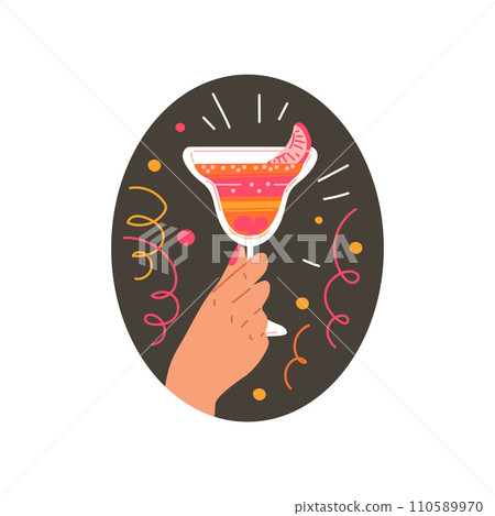 Woman hand holding cocktail glass, vector alcohol pink beverage with citrus slice, margarita martini drink, serpentine 110589970