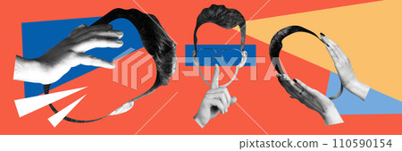 Faceless head shapes of differed people over multicolored background. Hidden feelings and personality. Contemporary art collage. Psychology and inner world 110590154