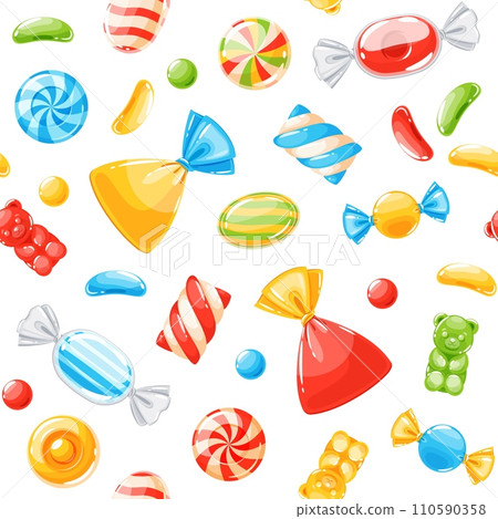 Cartoon candies seamless pattern. Lollipops, caramel and jelly bears, colored sugar products, different types sweets. Decor textile, wrapping paper, wallpaper design. Vector background 110590358