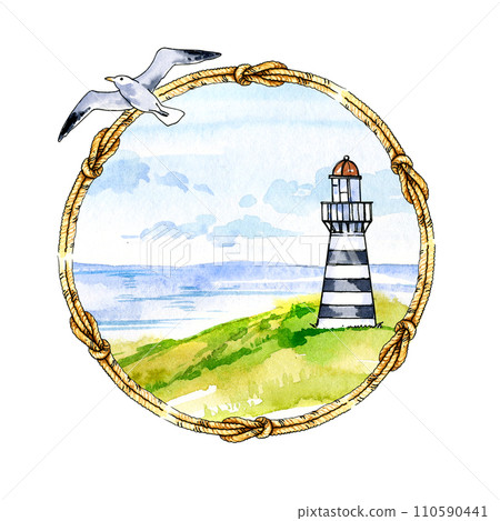 watercolor wreath from old vintage knot and marine landscape with lighthouse and seabird, hand drawn seacoast and textured rope with knots, blue sea and sky with clouds, circle frame white background watercolor wreath from old vintage knot and marine landscape with lighthouse and seabird, hand drawn seacoast and textured rope with knots, blue sea and sky with clouds, circle frame white background 110590441