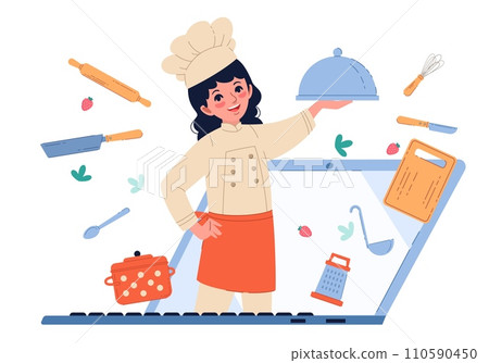 Online cooking, chef peering out from behind screen. Cute girl in uniform with kitchen elements and tableware on laptop. Internet webinar or courses. Cartoon flat isolated vector concept 110590450