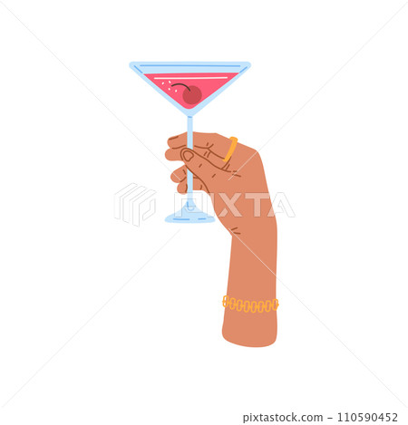 Woman hand holding cocktail glass, alcohol pink beverage with cherry, margarita or martini drink vector bar cocktail Woman hand holding cocktail glass, alcohol pink beverage with cherry, margarita or martini drink vector bar cocktail 110590452