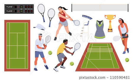 Tennis players and game elements. Sports accessories, athletes with rackets in dynamic poses, court, scoreboard and balls. Competition and hobby cartoon flat isolated tidy vector set 110590481