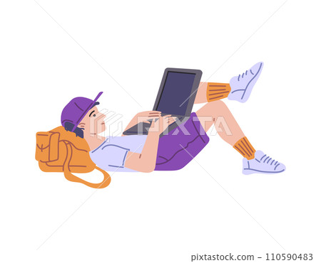Freelancer works or student studies remotely at laptop, flat vector isolated. 110590483