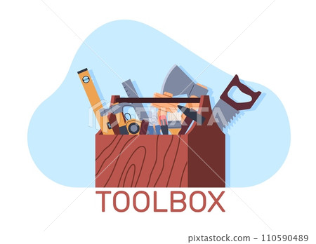 Tool box. Wooden container with different instruments for mechanic and carpenter. Hammer, saw and wrenches in chest. Professional worker objects, cartoon flat isolated vector concept 110590489