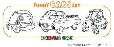 Funny small retro cars with eyes coloring book set Funny small retro cars with eyes coloring book set 110590629