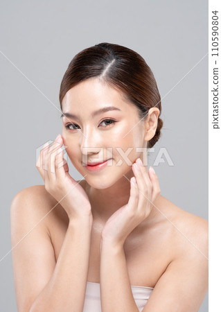 Beautiful Asian woman touching soft cheek smile with clean and fresh skin Happiness and cheerful with positive emotional,isolated on white background,Beauty and Cosmetics Concept Beautiful Asian woman touching soft cheek smile with clean and fresh skin Happiness and cheerful with positive emotional,isolated on white background,Beauty and Cosmetics Concept 110590804
