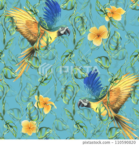 Tropical palm leaves, monstera and flowers of plumeria, hibiscus, bright juicy with blue-yellow macaw parrot. Hand drawn watercolor botanical illustration. Seamless pattern on the blue background 110590820