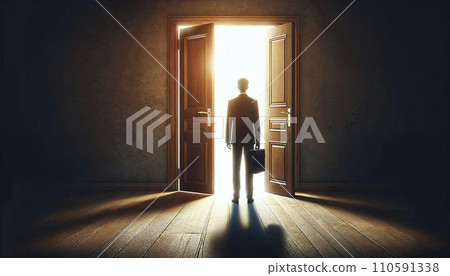 Silhouette of a male businessman standing in front of a door with sunlight shining through it. challenge concept. AI images. 110591338