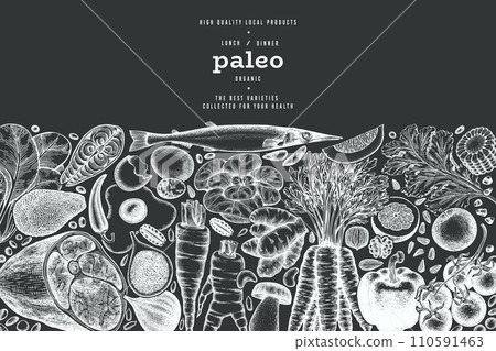 Paleo Diet Chalk Board Design Template. Vector Hand Drawn Healthy Food Banner. Vintage Style Menu Illustration. 110591463