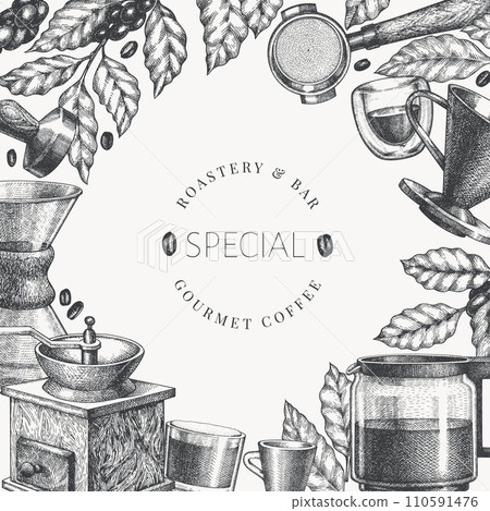 Alternative Coffee Makers Illustration. Vector Hand Drawn Specialty Coffee Equipment Banner. Vintage Style Coffee Bar Design 110591476