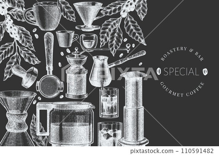 Alternative Coffee Makers Chalk Board Illustration. Vector Hand Drawn Specialty Coffee Equipment Banner. Vintage Style Coffee Bar Design 110591482