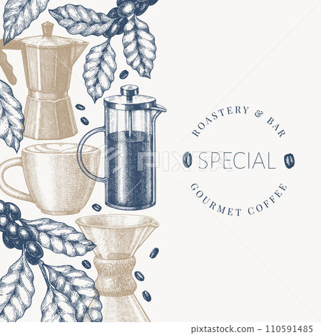 Alternative Coffee Makers Illustration. Vector Hand Drawn Specialty Coffee Equipment Banner. Vintage Style Coffee Bar Design 110591485