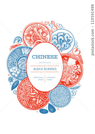 Chinese Cuisine Design Template. Vector Hand Drawn Asian Food Banner. Vintage Style Menu Illustration. Chinese Cuisine Design Template. Vector Hand Drawn Asian Food Banner. Vintage Style Menu Illustration. 110591499
