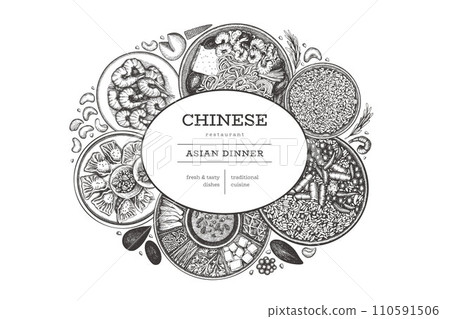 Chinese Cuisine Design Template. Vector Hand Drawn Asian Food Banner. Vintage Style Menu Illustration. 110591506