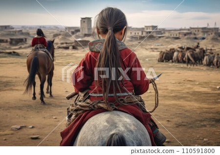 AI-generated content. Mongolian ancient girl rider. Rural horse. Generate Ai 110591800