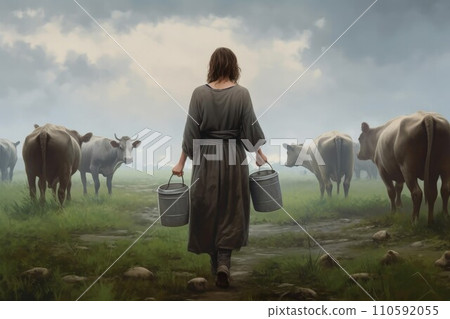 AI-generated content. Milkmaid woman bucket cows. Farm nature. Generate Ai 110592055