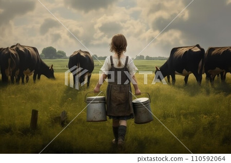 AI-generated content. Milkmaid girl bucket cows. Summer work. Generate Ai 110592064