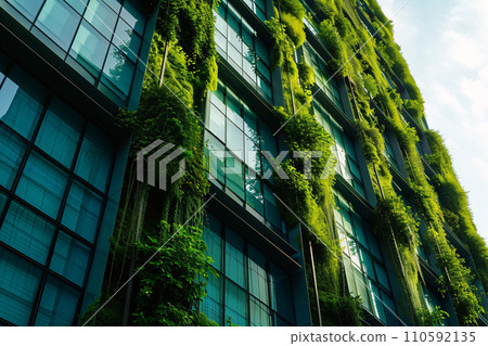 Eco-friendly building in the modern city. Sustainable glass office building with tree for reducing carbon dioxide. Office building with green environment. Corporate building reduce CO2. Generative AI 110592135