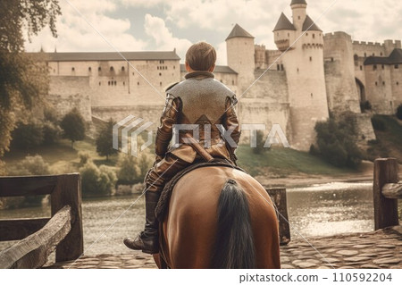 AI-generated content. Medieval knight child boy. Horse armor. Generate Ai 110592204