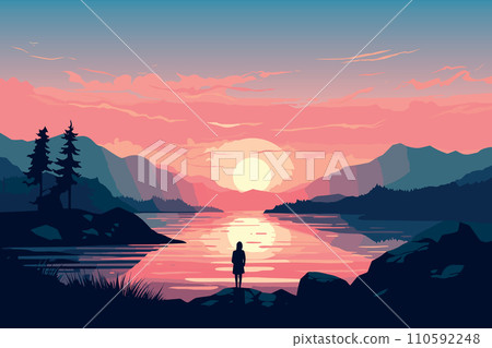 AI-generated content. lonely person on lake landscape at sunset adventure design vector illustration AI-generated content. lonely person on lake landscape at sunset adventure design vector illustration 110592248