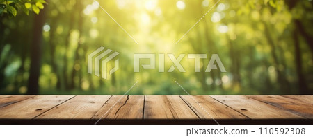 AI-generated content. blank wooden table on green summer park background banner 110592308