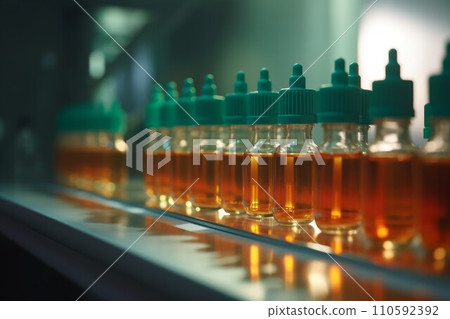 AI-generated content. Medical vials factory line. Medicine science. Generate Ai 110592392