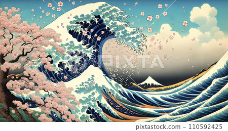 Cherry blossoms, Mt. Fuji, and big waves. Spring in Japan in the ukiyo-e style of Katsushika Hokusai. AI images. 110592425
