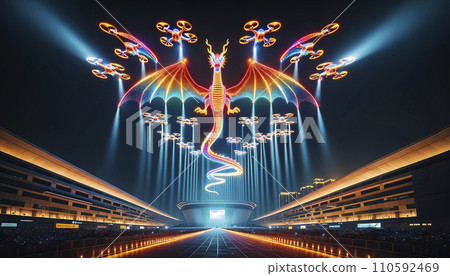 無人機表演。一條飛龍。人工智慧圖像。 110592469