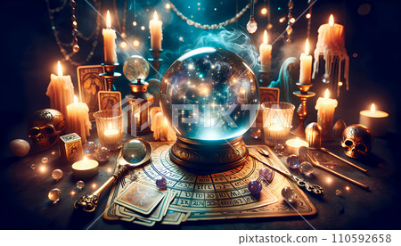 Crystal ball and tarot cards. Image of fortune telling. AI images. Crystal ball and tarot cards. Image of fortune telling. AI images. 110592658