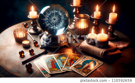 水晶球和塔羅牌。算命的圖像。人工智慧圖像。 水晶球和塔羅牌。算命的圖像。人工智慧圖像。 110592659
