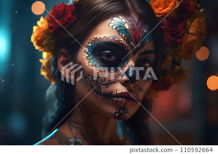 AI-generated content. cinematic photorealistic portrait of gorgeous woman sugar skull at day of the dead, neural network generated image AI-generated content. cinematic photorealistic portrait of gorgeous woman sugar skull at day of the dead, neural network generated image 110592664