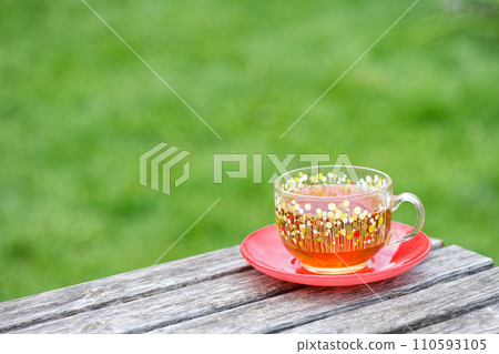 A cup of tea on the green grass background 110593105