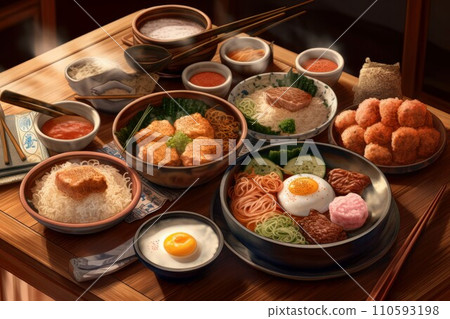 AI-generated content. Japanese food noodle ramen. Chicken wok. Generate Ai 110593198