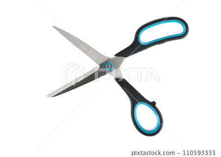 Top view of open stationery scissors on a white background. Top view of open stationery scissors on a white background. 110593355
