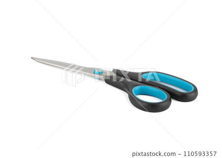 Stationery scissors with black handles isolated on a white background. Stationery scissors with black handles isolated on a white background. 110593357