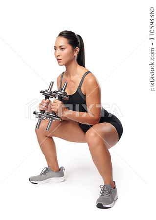 an asian woman is working out with dumbbells wearing the sport exercise suit with white background, an asian woman is working out with dumbbells wearing the sport exercise suit with white background, 110593360