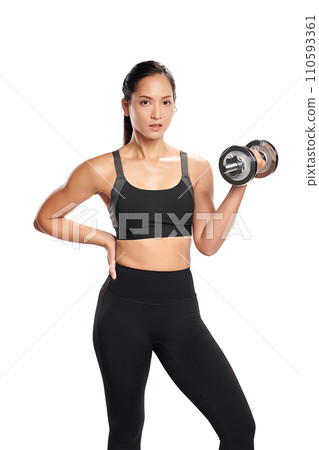 an asian woman is working out with dumbbells wearing the sport exercise suit with white background, an asian woman is working out with dumbbells wearing the sport exercise suit with white background, 110593361