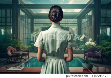 AI-generated content. Housemaid woman hotel job. Smile happy girl. Generate Ai 110593372