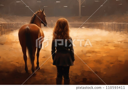 AI-generated content. Horse breeder child girl. Hobby farm. Generate Ai 110593411