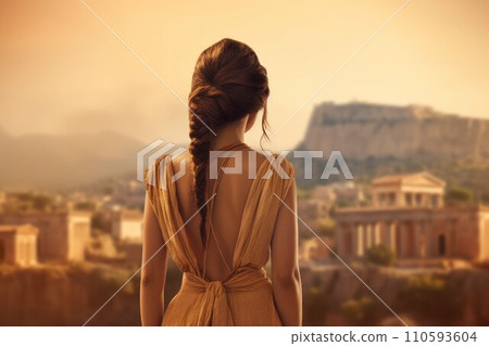 Cute woman ancient greek city. Tourism landmark. Generate Ai Cute woman ancient greek city. Tourism landmark. Generate Ai 110593604