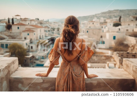 Greek woman ancient city. Travel history. Generate Ai Greek woman ancient city. Travel history. Generate Ai 110593606