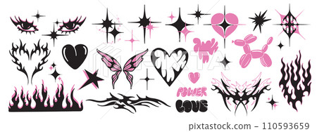 Y2k tattoo sticker set, Neo tribal aesthetic icon, gothic heart silhouette, butterfly, stars, fire.  110593659